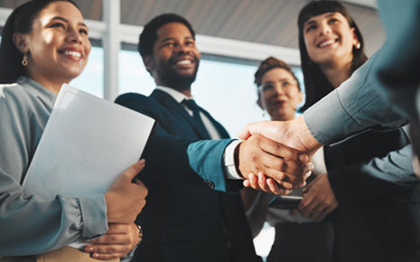A group of business people shaking hands with smiles.