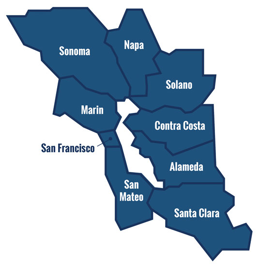 Bay area county map featuring Sonoma, Napa, Solano, Contra Costa, Alameda, Santa Clara, San Mateo, & Marin