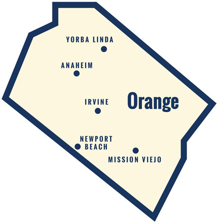Orange county map highlighting yorba linda, anaheim, irvine, newport beach, and mission viejo